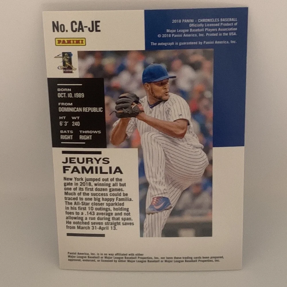 2018 Panini Chronicles Autographs Purple Jeurys Familia Mets #CA-JE 44/99 (011)